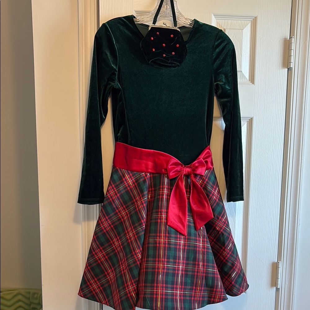 Festive Green Velvet Dress with Red Plaid Skirt